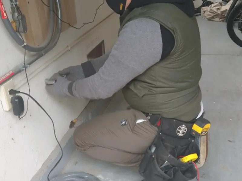 Electrician performing outlet wiring in a Minoa garage